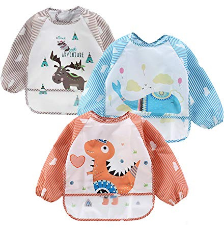 PandaEar 3 Pack Long Sleeve Bibs| Waterproof Full Sleeve Bib for Baby Infant Toddler 6-36 Months (Animal)