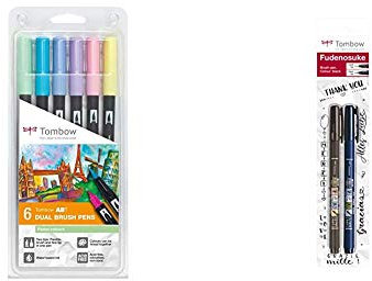 Tombow ABT-6P-2 Fasermaler Dual Brush Pen mit zwei Spitzen 6er Set, pastellfarben, bunt & ws-BHS-2P Brush Pen Fudenosuke je 1 x mit Harter u weicher Spitze