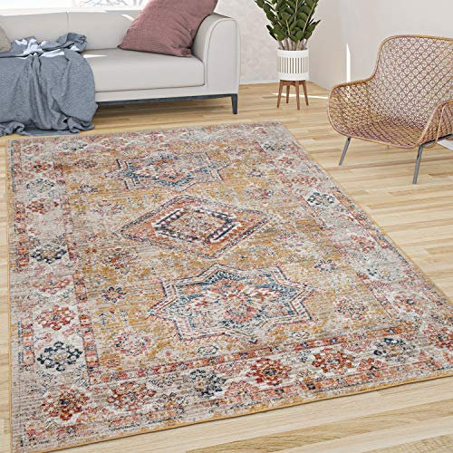 Paco Home Teppich Wohnzimmer Kurzflor Vintage Orient Muster Mit Bordüre Modern Gelb Rot, Grösse:120x170 cm