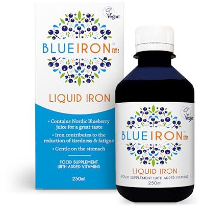 Blueiron Liquid Iron Supplement with Nordic Blueberries + Vitamin C, Vitamin B12, Folic Acid, Biotin and Zinc | 250ml | Suitable for Vegans | Easily Absorbed and Gentle On The Stomach
