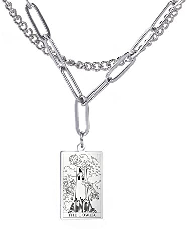 Amaxer Rider Waite Tarot Karte Halskette Retro Lucky Amulett Charm Anhänger Edelstahl Vintage Schmuck (XVI-The Tower-Silver)