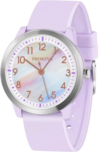 PROKING Kids Analog Watch for Girls, 5-18 Years, Purple Rainbow, Quartz Movement, TPU Strap, 5ATM Waterproof
