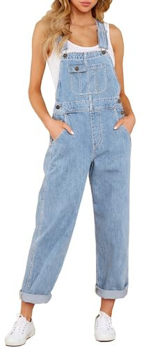 Roskiky Salopette da donna in denim, elasticizzati, dritta, in jeans, vestibilità normale, con cinghie regolabili, Celeste., XS
