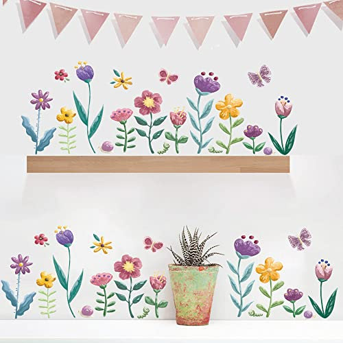 Runtoo Wandtattoo Aquarell Blumen Wandsticker Garten Blumen Schmetterling Wandaufkleber Kinderzimmer Babyzimmer Mädchen Junge Wanddeko