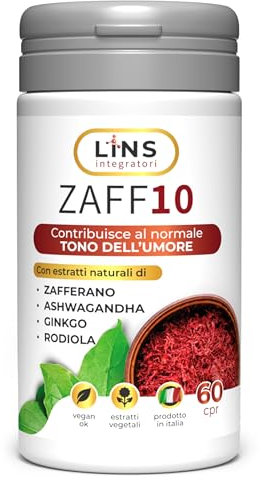 LINS Zaff10 Integratore ansiolitico naturale, riduce il Nervoso e lo Stress, regola l'Umore, migliora il Sonno, con Zafferano, Ashwagandha, Ginkgo Biloba e Rodiola, 1 confezione da 60 cprs