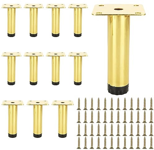 ZOFUN Lot de 12 pieds de meubles, 10 cm, réglables avec revêtement doré, pieds de canapé avec vis, pieds droits en métal doré pour placard, armoire, canapé, table