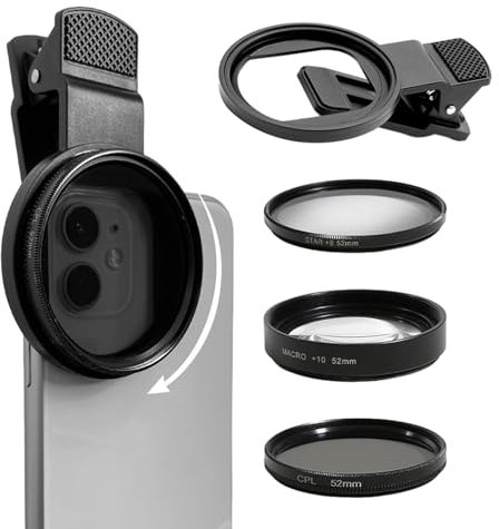 EMVANV 52mm 3 in 1 Phone Lens Filter Kit, CPL + Macro + Star Lenses, Universal Clip-on Cellphone Lens, Black, Optical Glass