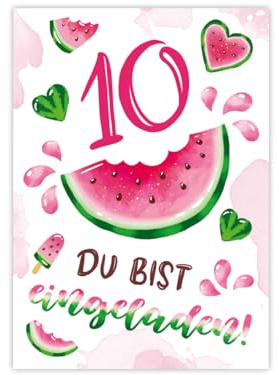 Minkocards 12 Einladungskarten zum 10. Kindergeburtstag Mädchen Wassermelone Einladung zehnte Geburtstag Mädchengeburtstag Geburtstagseinladungen