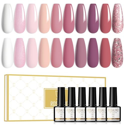 ROSALIND Semi Permanent Rose Pale Pailleté Violet Vernis Gel UV Semi Permanent 10 Couleurs 8ml Soak Off UV/LED Nail Polish Vernis à Ongles Pour Manucure DIY, Studio de Manucure