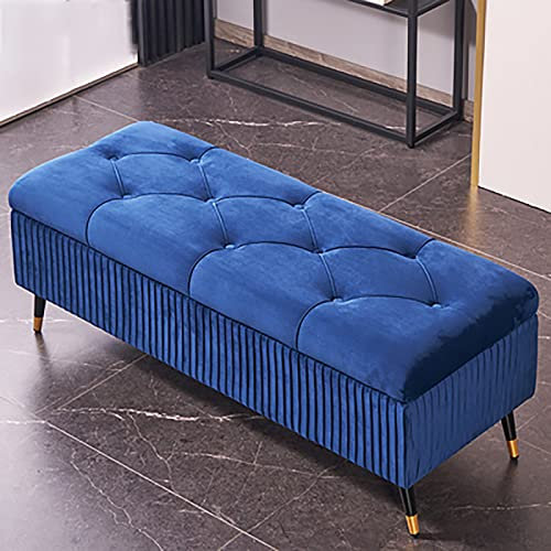 XMDEUR Samt-Aufbewahrungshocker, luxuriöse Aufbewahrungsbank, Polsterbank am Bettende, Moderne Schlafzimmerbank, Eingangsbereich-Sitzhocker mit Stauraum, Blau, 90 x 45 x 45 cm (35 x 18 x 18 Zoll)