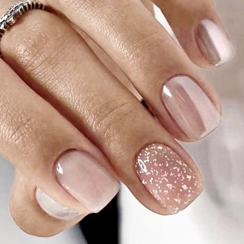 MrCuvaryas French Press On Nails Kurz Nagelsticker Französischer Nägel Zum Aufkleben, Elegantes Design Nail Art, Glossy Kunstnägel Selbstklebende Nail tips (Nude Speckles)