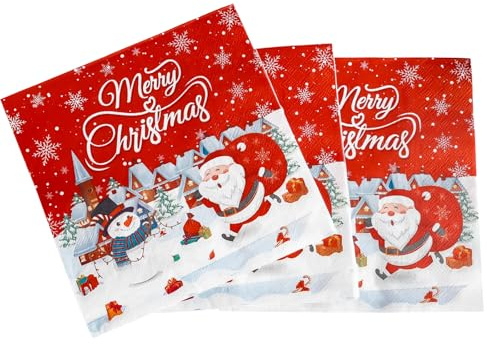 Yiran 20 Stück Merry Christmas Servietten,33x33CM Weihnachten Muster mit Santa & Schneemann,Festliche Papierservietten für Weihnachtsfeier, Partys Weihnachtliche Tischdekoration 