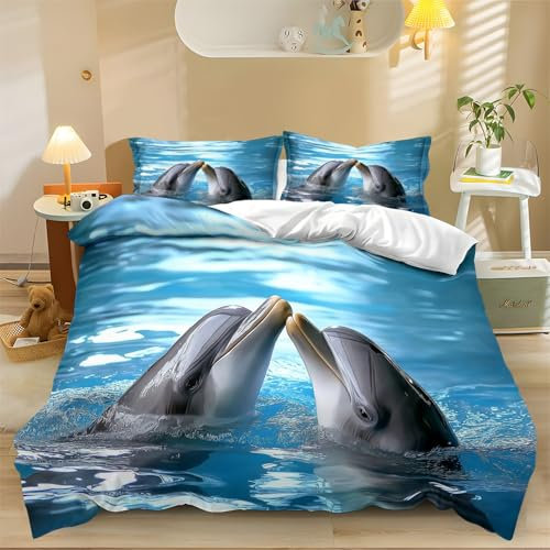Bettbezug Reißverschluss mit Kissenbezug Bettwäsche 135 x 200 cm Delfin Close-Up Tiere 3D Bedrucktes Bettwäsche-Set Farbe auf Weiches Mikrofaser-