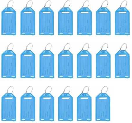 Lot de 20 porte-clés avec étiquettes colorées avec anneaux fendus pour clés, étiquettes de porte-clés avec anneau pour bagages, nom d'animal de compagnie et bureau, bleu