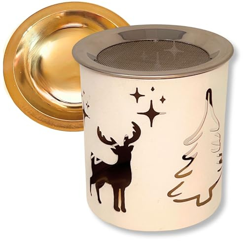 TRINTURA Räucherstövchen mit Räuchersieb und Räucherschale Hirsch Weihnachten Lebensblume zum Räuchern Set weiß Gold