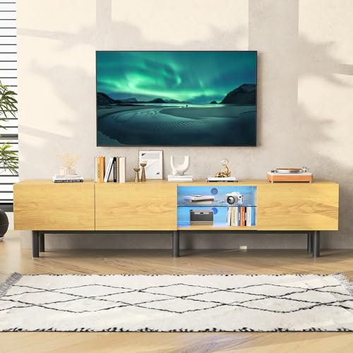 LONELYO Meuble TV Moderne en Bois avec Pieds en Métal et Éclairage LED 7 Couleurs, 3 Portes et 1 Niche Ouverte, 175x31x41 cm, Style Chêne Clair