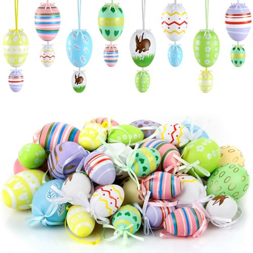 Ruibinlee 40 Stück Ostereier zum Aufhängen,Bunte Ostereier Plastik,Hängdeko für Ostern,Plastik Eier ls Dekoration für Sträuße und Zweige zur Osterzeit