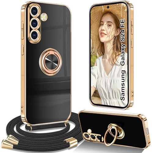 Yutwo Funda con Cuerda Samsung Galaxy S24 FE, Carcasa para Samsung Galaxy S24 FE con Correa Colgante Ajustable Collar de Cuello con Anillo Soporte Funda para Samsung Galaxy S24 FE con Cordón - Negro