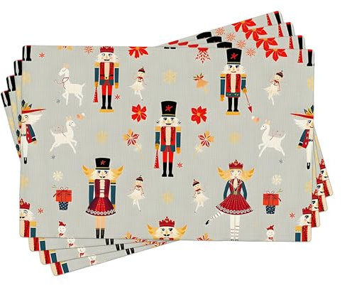 Nutcracker Christmas Placemats Set of 4, Gray Holiday Decorative Table Mats for Winter Dining, Washable Indoor Outdoor Xmas Tableware 18x12 Inch