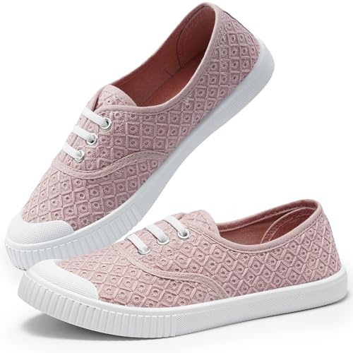 Harvest Land Womens Canvas Shoes Low Top Flat Gym Sports Pumps Trainers Lace Up Ladies Girls Fashion Pumps Flower Pink 7