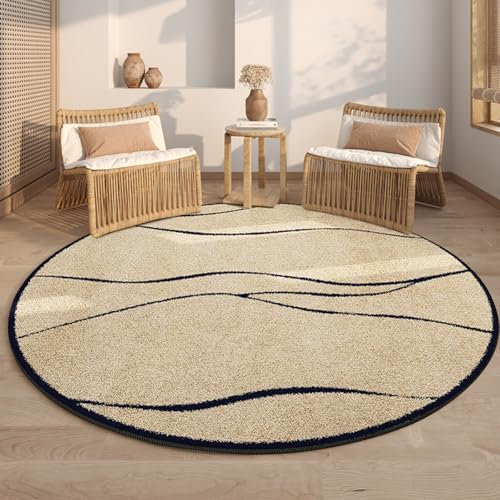 Freyamy Plüsch Teppich Rund 160cm Khaki Schwarz Streifen Linie Teppiche Modern Designer für Wohnzimmer Outdoor Teppich Rund Dekorative Schlafzimmer Kurzer Terrassen Runder Haustierteppich