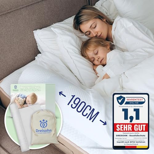 Dreisohn® Aufblasbarer Bett-Rausfallschutz (190 cm, XXL inkl. Stoffüberzug und Baumwollbeutel) – Tragbares Bettgitter und Absturzsicherung für Kinder – Ideal für Reisen und Zuhause