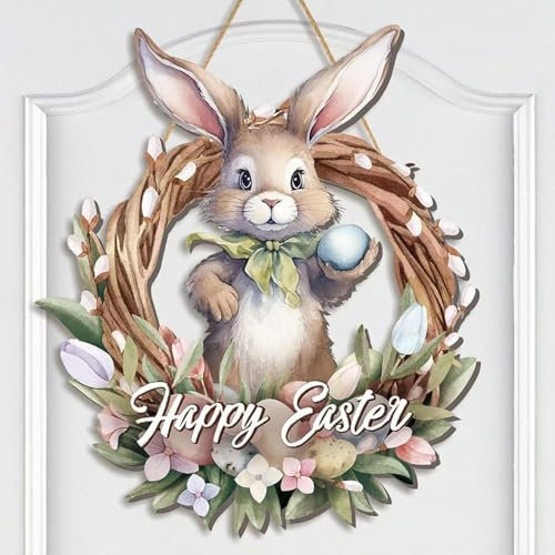Türschild Frohe Ostern Haustür Deko Holz Willkommen Dekoschild für Ostern, Frühlingsdeko Hase Osterdeko mit Osterhase, Holzschild Hase zum Aufhängen für Haustür, Osterparty, Dekoration, Fensterdeko