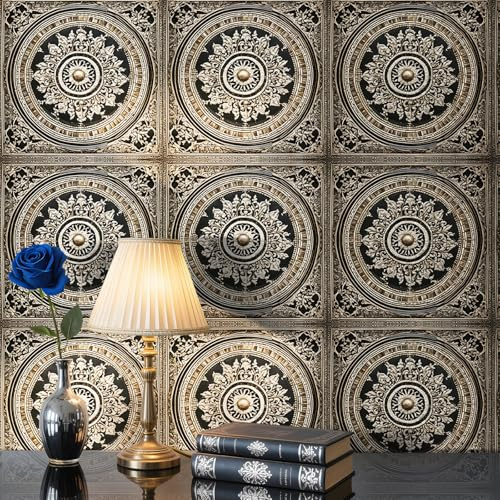 ReWallpaper 44.5CMx7M Luxury Panel Wallpaper for Living Room Ceiling Baroque Self Adhesive Wallpaper Black and Gold Sticky Back Plastic Patterned Embossed Effect Wall Paper Roll Waterproof