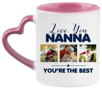 Giftme Personalised Photo, Love You Nanna You’RE The Best, 11oz Heart Handle Cup, Coffee, Tea Mug. (Pink)