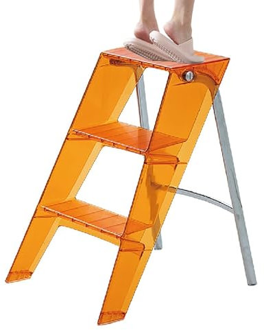 DOJOEUU Escabeau Pliant Transparent, escabeau Portable en Acrylique à 3 marches, capacité de Charge de 150 kg, Support en Acier Inoxydable, pédale Large et épaisse, échelle Polyvalente(Orange)