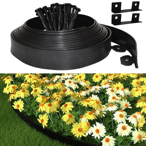 Bordure Jardin Exterieur, Bordure de Jardin Flexible Plastique 5cmx20m, Comprend 60 Pointes d'ancrage et 2 connecteurs Inclus, avec Une Paire de Gants, Bordures Jardin Décorative (Noir, 5cmx20m)
