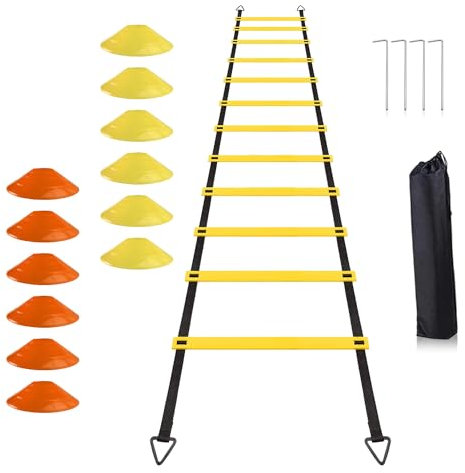 Accessori per allenamento calcio, scala di coordinazione, 6 m, 12 cappelli, set da allenamento per calcio, regali per ragazzi e bambini