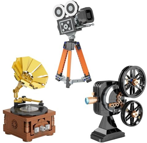 Brihappen Retro Grammophon Kamera Projektoren Bausteine Set, Musikspieler Klemmbausteine für Haus Vintage Deko, Geschenkideen für Erwachsene Kinder Mädchen(709 Stück)