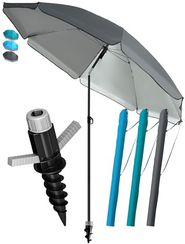 4smile Sonnenschirm Strand SunnyJoy Ø 200 cm, 3-IN-1 Set - UPF 50+ Strandschirm + Sonnenschirm Schutzhülle + Bodenhülse - Strandschirm windfest stabil, Sonnenschutz Strand, Gartenschirm, Anthrazit
