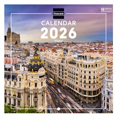 Finocam - Wandkalender 2026 18 x 18 cm Monatsansicht Januar–Dezember 2026 + Sept.–Dez. 2025 (4 Monate) reduziert | Kalender 2026 | Bilder Madrid - International