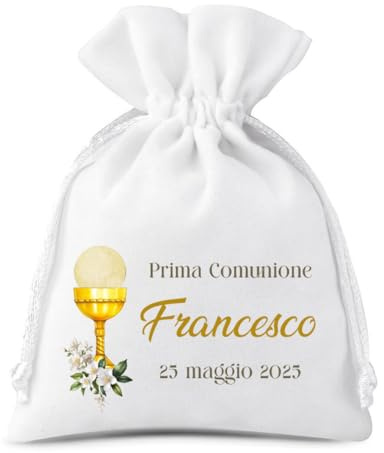 Sacchetti portaconfetti bianchi con stampa Prima comunione calice 10 pz personalizzabili con nome del bambino e data immagien calice ostia