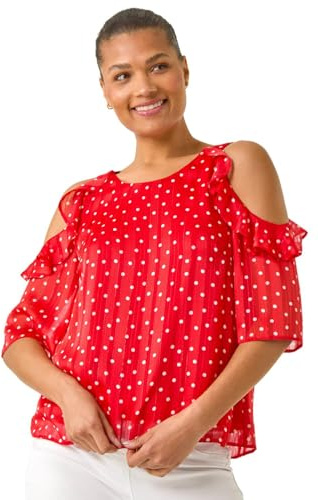 Roman Originals Women Ruffle Cold Shoulder Top - Ladies Everyday Spring Summer Smart Casual Feminine Floaty Flower Printed Frill Trim Tops - Red - Size 20