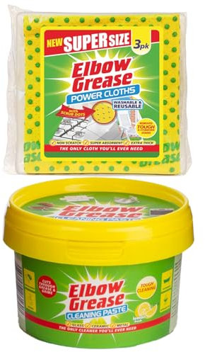 Elbow Grease 1X Cleaning Paste 350g, 1X Power Cloths 3 Pack, Stubborn Stain Remover Set for Kitchen, Bathroom, Multi-Surface, Tough on Grease, Grime, Marks, Dirt, Easy to Use