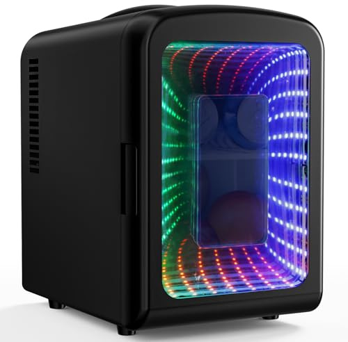 Antarctic Star Mini Compact Refrigerator with Gaming Light, 4L Capacity/6 Cans Portable Mini Fridge, for Bedroom,Car,Office and Dorm, Small Cooler for Cosmetics, Beverage and Food, Black