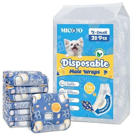 MICOOYO Hundewindeln für Rüden Einweg, super saugfähig Rüdenwindel, Windeln für Hunde mit Nässeindikator, Hundewindeln für Inkontinenz und Markieren (XS, 20 Stück)