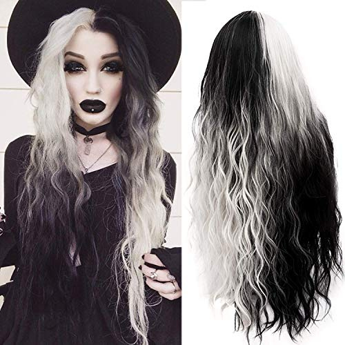 Perücke Schwarz Silber grau Damen perücke Lang Gewellt Locken Natürlich für Frauen Alltag Anime Cosplay Kostümparty Halloween Karneval PU013GY