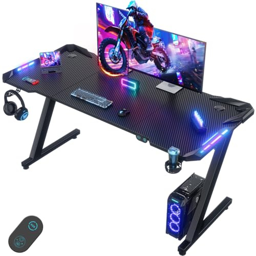 Devoko 140 x 60 cm Gaming Tisch, Gaming Schreibtisch mit LED | Kohlefaser-Oberfläche, Ergonomic Gamer Tisch with Drink Holder, Headphone Hook, Stabiler Computertisch