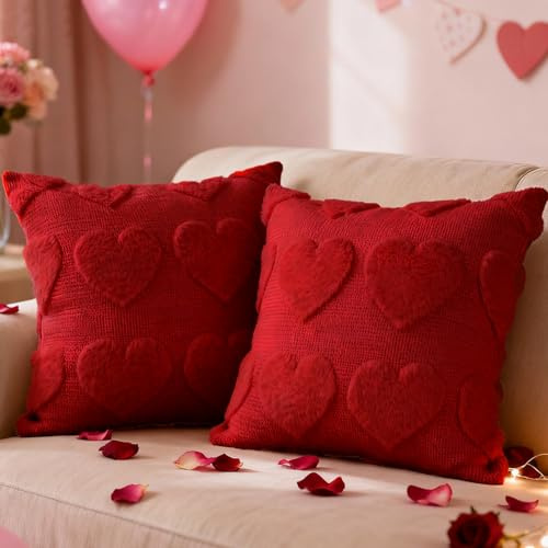 Lanpn 2 Stück Valentinstag Kissenbezüge 45x45cm, Dekorative Kissenhülle aus Plüsch Liebe Kissenbezug sofakissenbezug für Winter Wohnzimmer Schlafzimmer Sofadekoration (Rot, Großes Herz)
