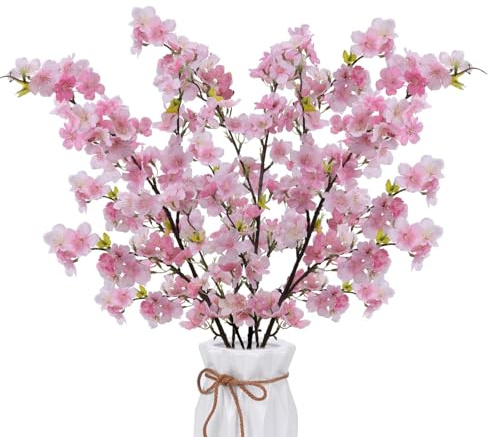 3Pcs 110CM Artificial Cherry Blossom Stems Pink Silk Peach Blossom Flowers | Fake Faux Flowers Silk Flowers Bouquets Long Stems Artificial Flowers for Vase Wedding Party Table Home Indoor Outdoor Decor