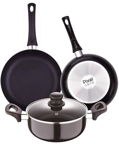 Set mit 2 Pfannen Ø 20 x 24 cm + Kochtopf mit Deckel Ø 24 cm aus gepresstem Aluminium und Antihaftbeschichtung PIXEL Chef Sauce