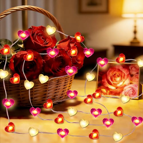 LED Herzförmige Lichterkette, 3 Meter LED Lichterkette Herzen Rot mit 30 Rote Herzen Glühbirnen, Lichterkette Rot Valentinstag Deko für Valentinstag Jahrestag Hochzeit Romantische Nacht Dekoration