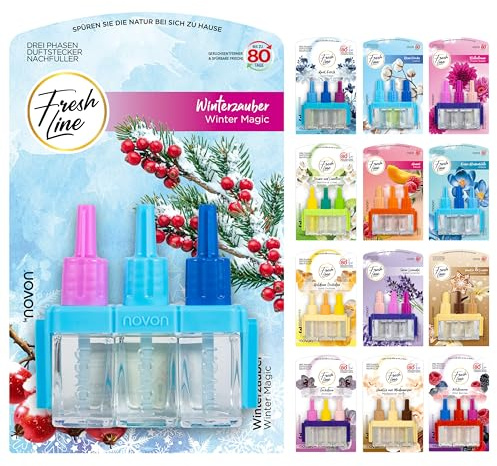 FRESH LINE® Duftstecker Nachfüller 3er Pack (3x7ml) – 3-Phasen-Wechsel – komp. zu 3VOLUTION – Lufterfrischer – 6 Düfte: Wildbeeren, Jasmin Limetten, Aprilfrisch, Goldene Orchidee, Vanille, Orchideen