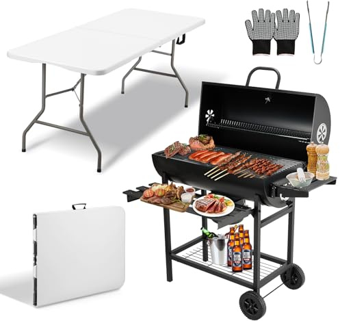 TEENO barbecue au charbon de bois,gants anti-burn barbecue grand format avec table pliante blanche de plein air offerte 180x74x74 cm (Table pliante blanche + barbecue au charbon de bois)