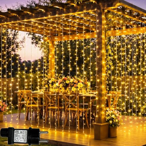 Lichtervorhang Aussen Innen 3x3m 300 LED, Lichterketten Vorhang mit Stecker | 8 Modi, Timer Lichterkette Hängend, Wasserdicht Lichtervorhang Außen für Wand Zimmer Pavillon Balkon Party Decke, Warmweiß