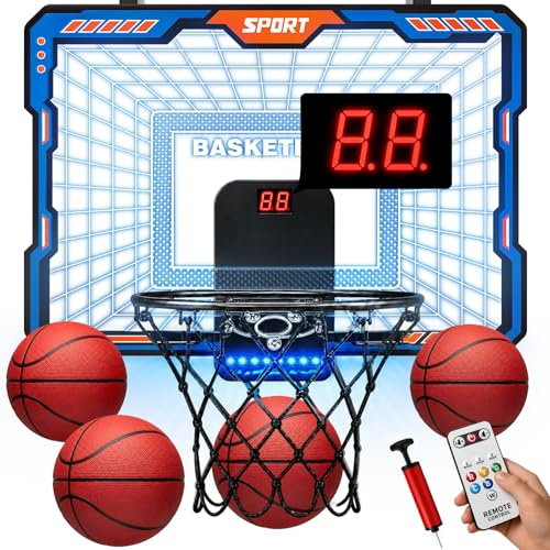 YESHIN Indoor Basketballkorb Kinder mit 7 Farb Licht & Fernbedienung, Mini Basketball Set für Türmontage, Zähler mit Sound, 3 Spielmodi, 4 Bällen & Luftpumpe für Jungen Mädchen Geschenke